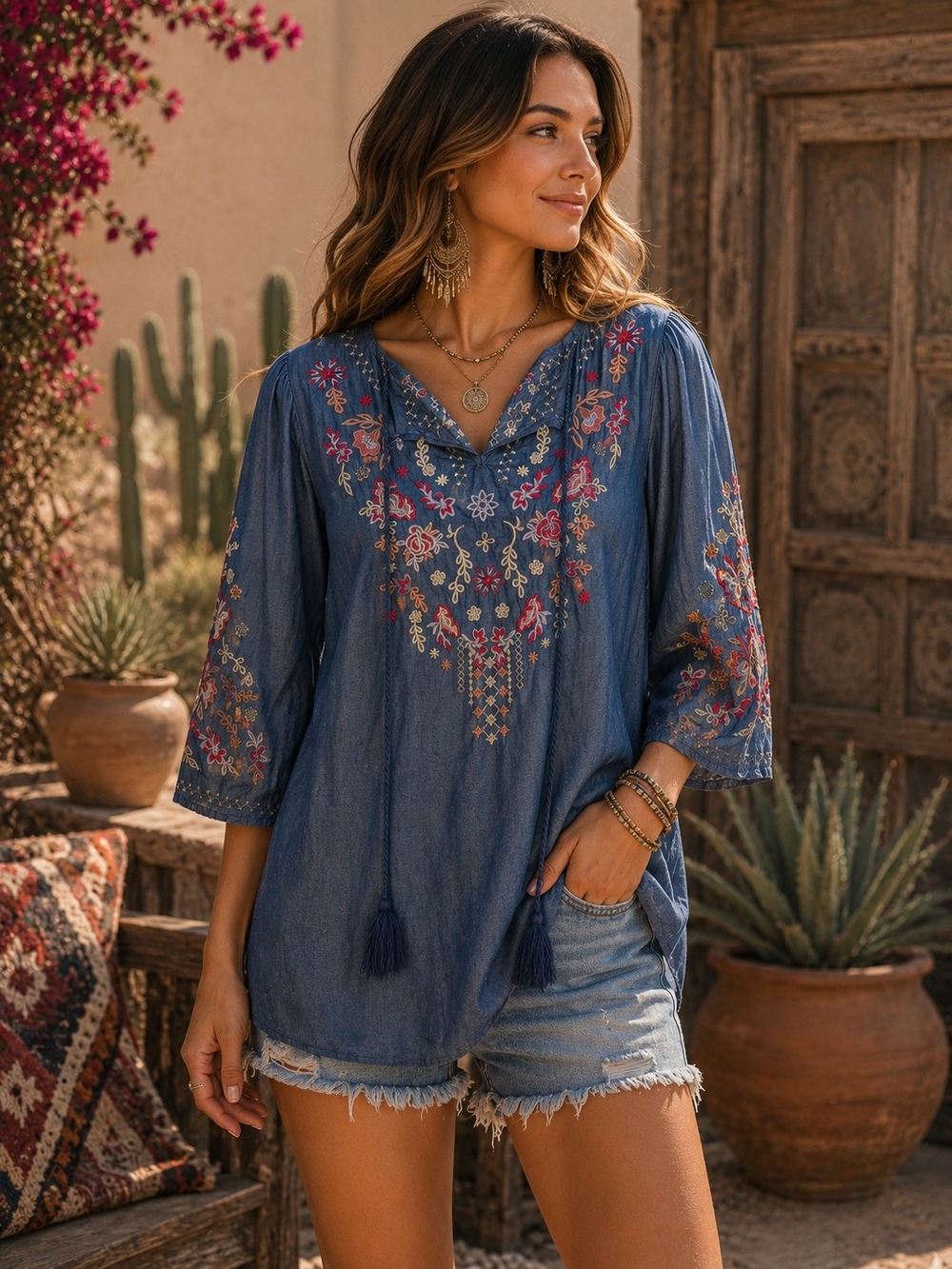 Umgee Denim Blue Embroidered V-Neck Tunic with Tassels